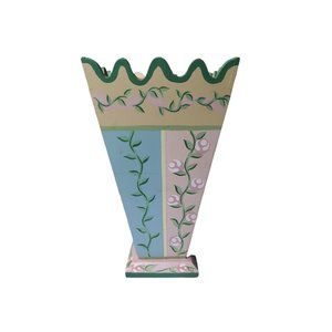 VTG Handpainted Floral Wooden Flower Vase in green, blue, and pink with plastic